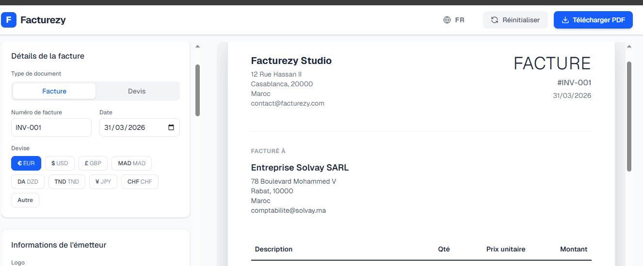Modèle de facture électronique en ligne Maroc avec ICE, RC et Identifiant Fiscal